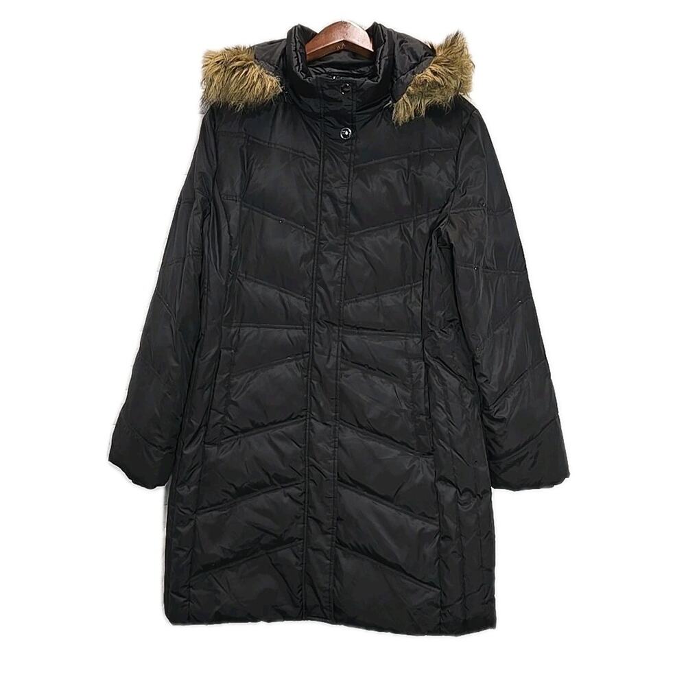 Michael Kors Womens Long Down Insulated Quilted Puffer Coat Sz L Black Fur Trim
